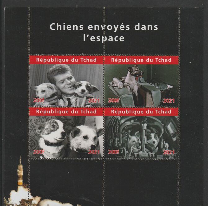 Chad 2020 Dogs sent into Space perf sheetlet containing 4 values unmounted mint. Note this item is privately produced and is offered purely on its thematic appeal, stamps on , stamps on  stamps on space, stamps on  stamps on dogs