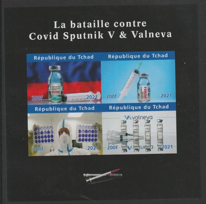Chad 2021 Battle Against Covid Sputnik V & Valneva imperf sheetlet containing 4 values unmounted mint. Note this item is privately produced and is offered purely on its thematic appeal, stamps on medical, stamps on covid, stamps on vaccines