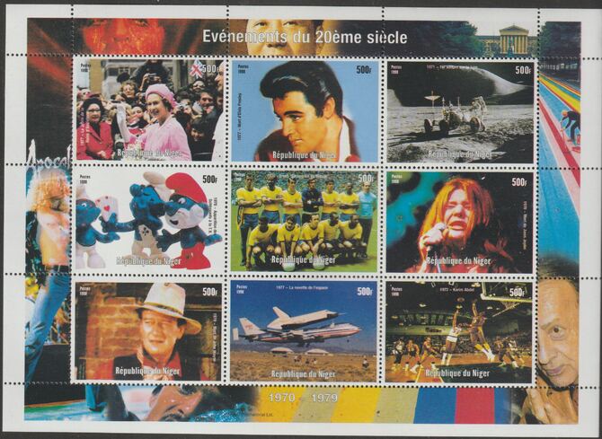 Niger Republic 1998 Events of the 20th Century 1970-1979 perf sheetlet containing 9 values unmounted mint. Note this item is privately produced and is offered purely on its thematic appeal , stamps on millenium, stamps on chaplin, stamps on movies, stamps on films, stamps on royalty, stamps on elvis, stamps on lunar, stamps on apollo, stamps on football, stamps on , stamps on sports, stamps on basketball, stamps on aviation, stamps on shuttle, stamps on 
