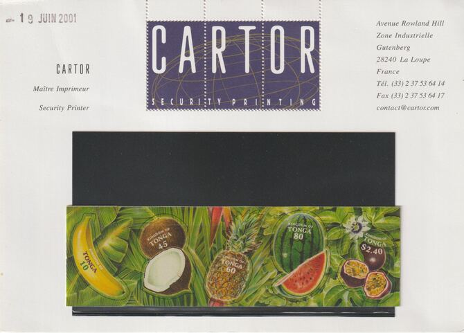 Tonga 2001 Fruit imperforate proof containing the self adhesive set of 5 on Cartor proof sheet, fine and rare, as SG 1502-06, stamps on fruit