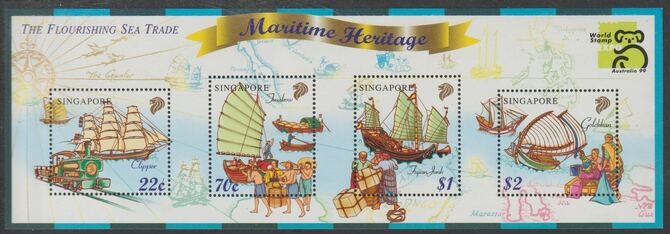 Singapore 1999 Maritime History perf sheetlet containing 4 values unmounted mint, SG MS984, stamps on , stamps on  stamps on ships, stamps on  stamps on clipper.junk.railways