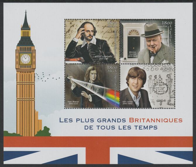 Madagascar 2018 The Greatest Britains of all time perf sheet containing four values unmounted mint, stamps on , stamps on  stamps on personalities, stamps on  stamps on shakespeare, stamps on  stamps on churchill, stamps on  stamps on literature, stamps on  stamps on newton, stamps on  stamps on science, stamps on  stamps on lennon, stamps on  stamps on beatles, stamps on  stamps on music, stamps on  stamps on london, stamps on  stamps on clocks