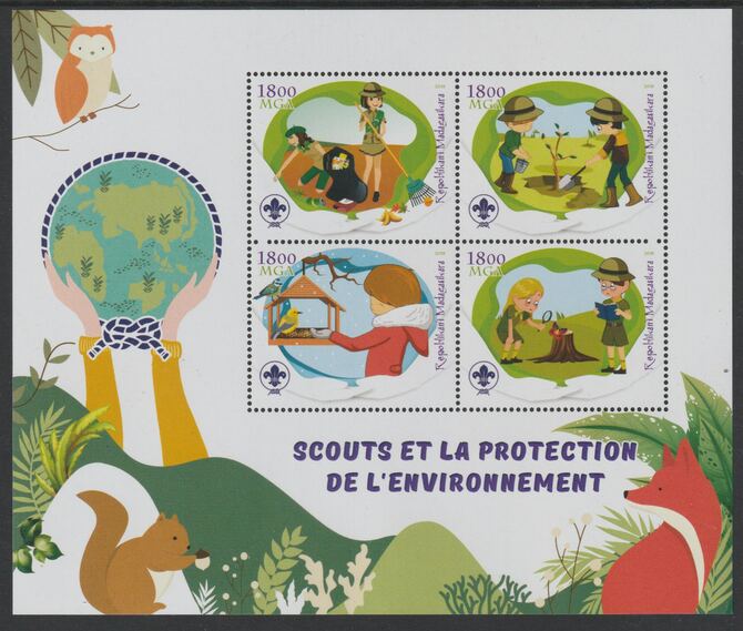 Madagascar 2018 Scouts and Environment Protection perf sheet containing four values unmounted mint, stamps on , stamps on  stamps on scouts, stamps on  stamps on environment, stamps on  stamps on trees, stamps on  stamps on butterflies, stamps on  stamps on owls