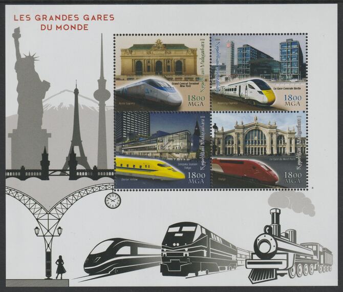 Madagascar 2018 Major Railway Stations perf sheet containing four values unmounted mint, stamps on railways, stamps on statue of liberty, stamps on architecture, stamps on eiffel tower, stamps on clocks