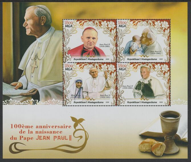 Madagascar 2020 Pope John Paul II - Birth Centenary perf sheet containing four values unmounted mint, stamps on pope, stamps on personalities, stamps on teresa, stamps on nobel