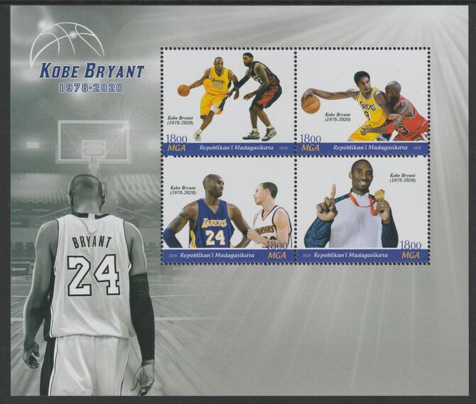 Madagascar 2020 Kobe Bryant - Basketball perf sheet containing four values unmounted mint, stamps on personalities, stamps on basketball