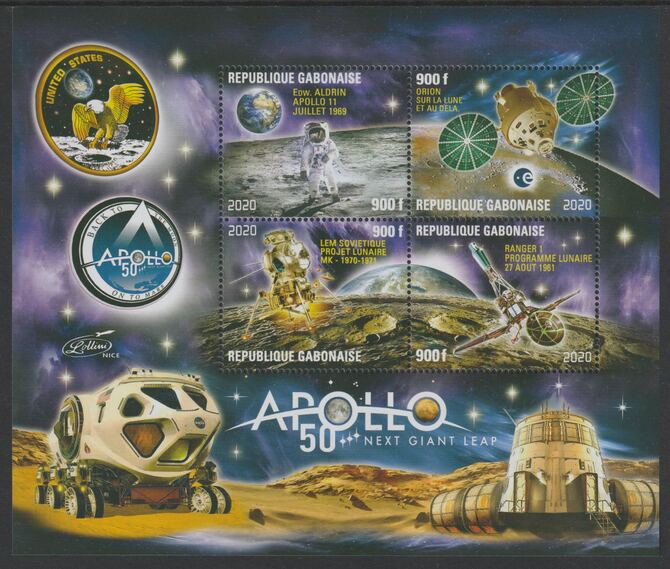 Gabon 2020 Apollo - Next Giant Leap #1 perf sheet containing four values unmounted mint, stamps on , stamps on  stamps on space, stamps on  stamps on satellites, stamps on  stamps on apollo