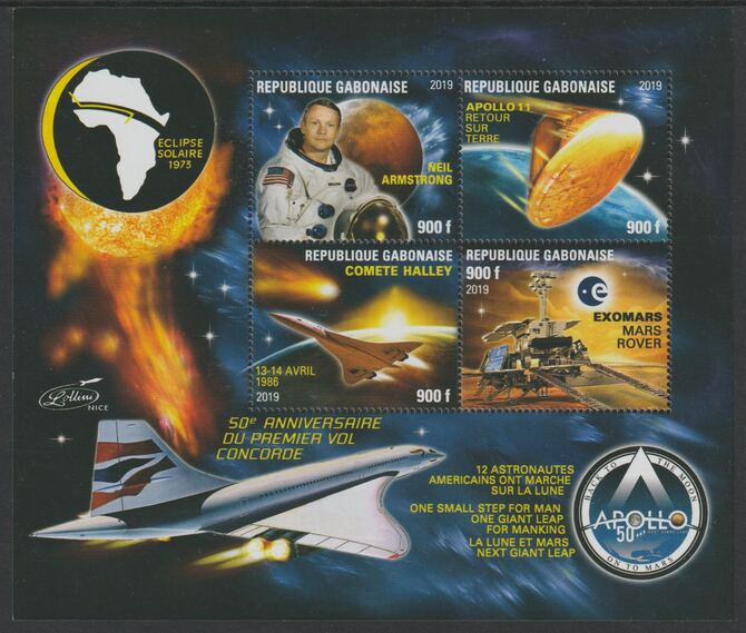 Gabon 2019 Apollo 11 - 50th Anniversary perf sheet #1 containing four values unmounted mint, stamps on , stamps on  stamps on space, stamps on  stamps on satellites, stamps on  stamps on apollo, stamps on  stamps on concorde, stamps on  stamps on aviation, stamps on  stamps on moon