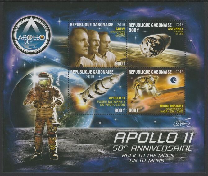 Gabon 2019 Apollo 11 - 50th Anniversary perf sheet #4 containing four values unmounted mint, stamps on space, stamps on satellites, stamps on apollo, stamps on con, stamps on moon