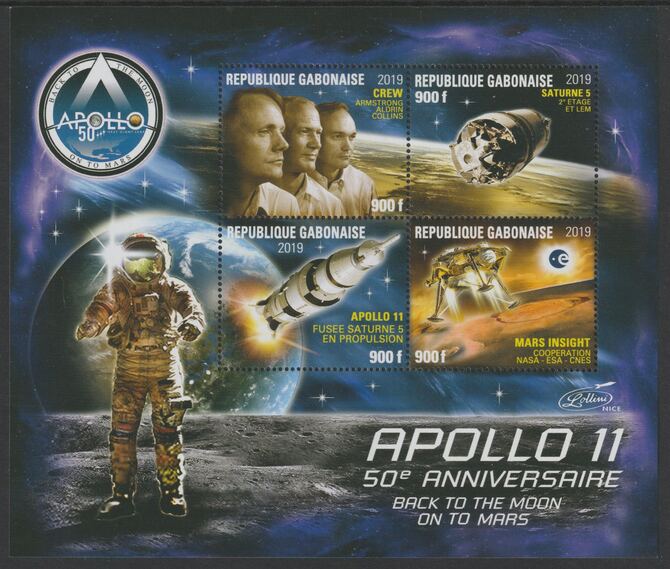 Gabon 2019 Apollo 11 - 50th Anniversary perf sheet #4 containing four values unmounted mint, stamps on , stamps on  stamps on space, stamps on  stamps on satellites, stamps on  stamps on apollo, stamps on  stamps on con, stamps on  stamps on moon