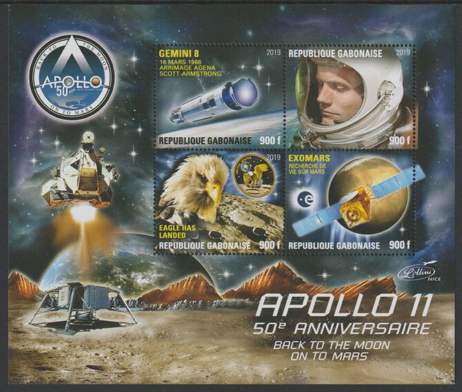 Gabon 2019 Apollo 11 - 50th Anniversary perf sheet #5 containing four values unmounted mint, stamps on , stamps on  stamps on space, stamps on  stamps on satellites, stamps on  stamps on apollo, stamps on  stamps on , stamps on  stamps on moon