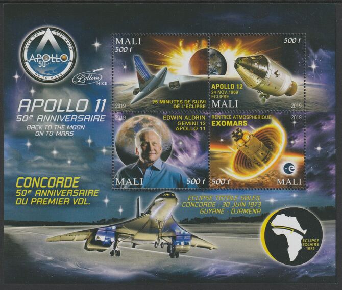 Mali 2019 Apollo 11 - 50th Anniversary perf sheet #1 containing four values unmounted mint, stamps on space, stamps on satellites, stamps on apollo, stamps on concorde, stamps on aviation, stamps on moon