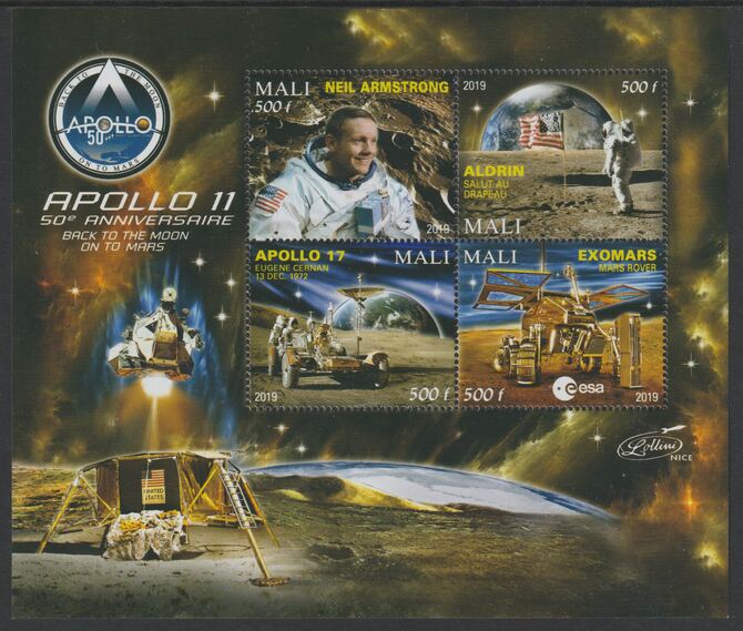 Mali 2019 Apollo 11 - 50th Anniversary perf sheet #2 containing four values unmounted mint, stamps on , stamps on  stamps on space, stamps on  stamps on satellites, stamps on  stamps on apollo, stamps on  stamps on concorde, stamps on  stamps on aviation, stamps on  stamps on moon