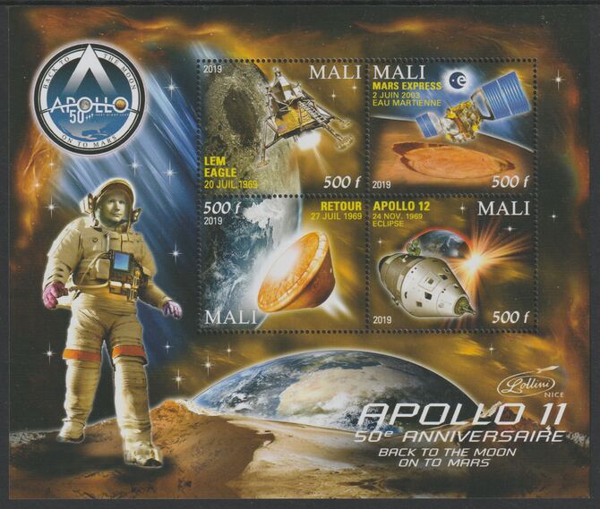 Mali 2019 Apollo 11 - 50th Anniversary perf sheet #4 containing four values unmounted mint, stamps on , stamps on  stamps on space, stamps on  stamps on satellites, stamps on  stamps on apollo, stamps on  stamps on concorde, stamps on  stamps on aviation, stamps on  stamps on moon