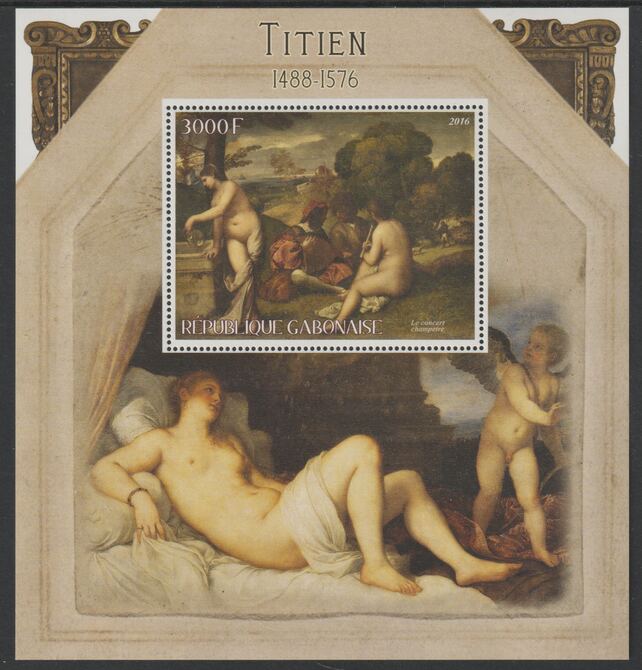 Gabon 2016 Titian perf deluxe sheet containing one value unmounted mint, stamps on arts, stamps on paintings, stamps on titian, stamps on nudes