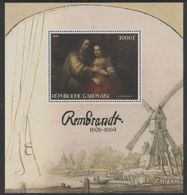 Gabon 2016 Rembrandt perf deluxe sheet containing one value unmounted mint, stamps on arts, stamps on paintings, stamps on rembrandt, stamps on windmills