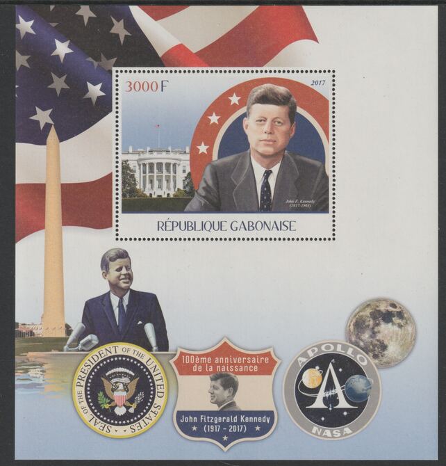Gabon 2017 John F Kennedy - Birth Centenary perf deluxe sheet containing one value unmounted mint, stamps on kennedy, stamps on personalities, stamps on us presidents, stamps on apollo