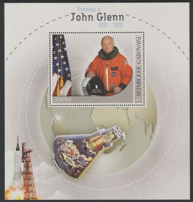 Gabon 2017 John Glenn perf deluxe sheet containing one value unmounted mint, stamps on , stamps on  stamps on space, stamps on  stamps on personalities, stamps on  stamps on us glenn