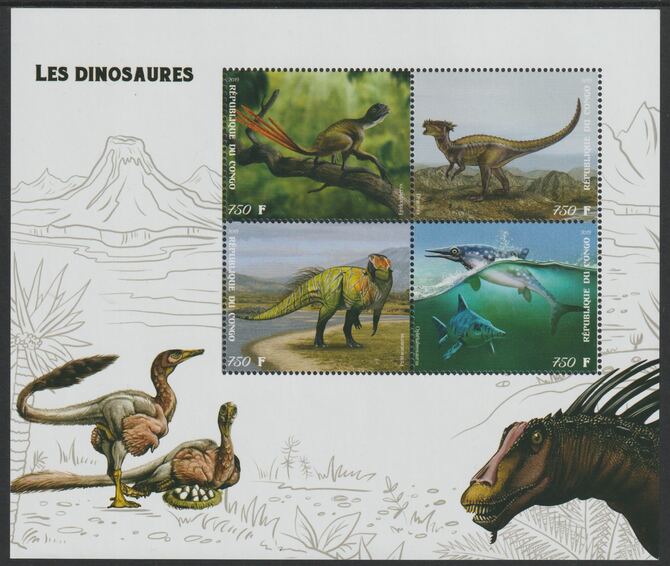 Congo 2019 Dinosaurs perf sheet containing four values unmounted mint, stamps on dinosaurs