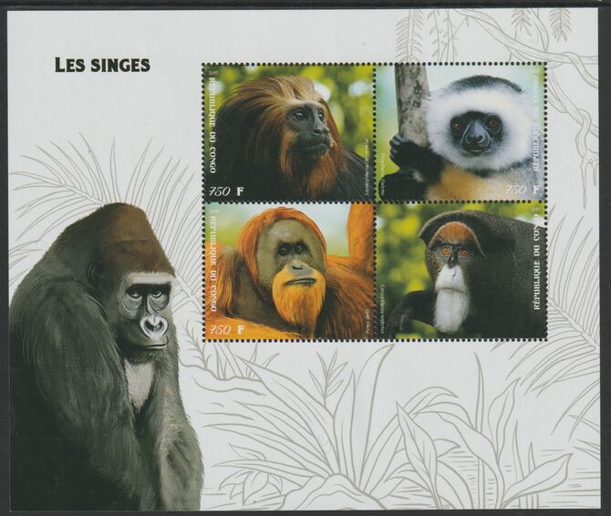 Congo 2019 Monkeys perf sheet containing four values unmounted mint, stamps on , stamps on  stamps on animals, stamps on  stamps on monkeys, stamps on  stamps on apes
