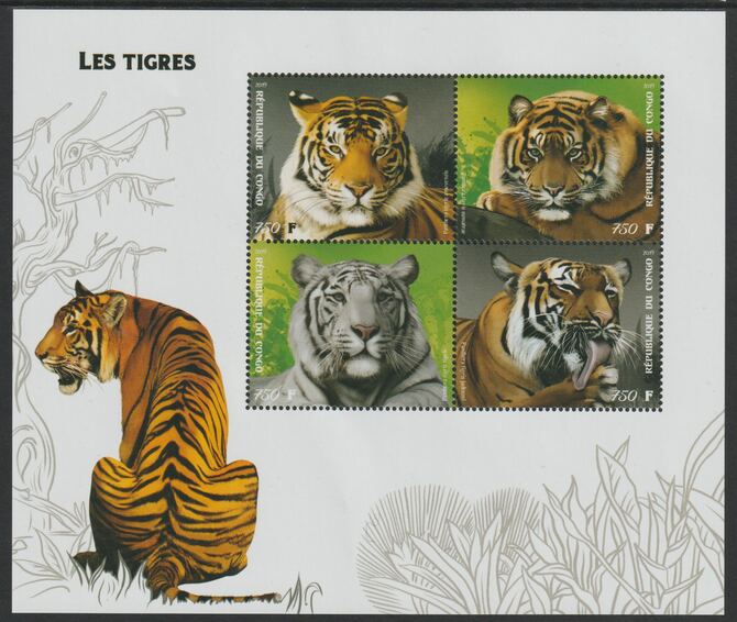 Congo 2019 Tigers perf sheet containing four values unmounted mint, stamps on , stamps on  stamps on animals, stamps on  stamps on tigers, stamps on  stamps on cats