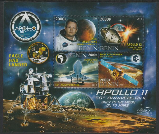 Benin 2019 Apollo 11 - 50th Anniversary perf sheet containing four values unmounted mint, stamps on , stamps on  stamps on space, stamps on  stamps on apollo