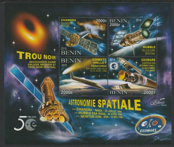 Benin 2019 Space - Black Hole Missions perf sheet containing four values unmounted mint, stamps on , stamps on  stamps on space, stamps on  stamps on satellites