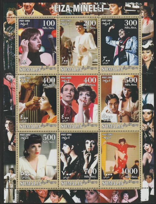 Somalia 2002 Liza Manelli perf sheetlet containing 9 values unmounted mint, stamps on , stamps on  stamps on personalities, stamps on  stamps on films, stamps on  stamps on cinema, stamps on  stamps on movies, stamps on  stamps on women, stamps on  stamps on manelli