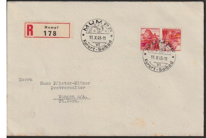 Switzerland 1945 Registered cover bearing 20c Landscapes tete-beche pair with Mumpf cancels, stamps on tete-beche, stamps on 
