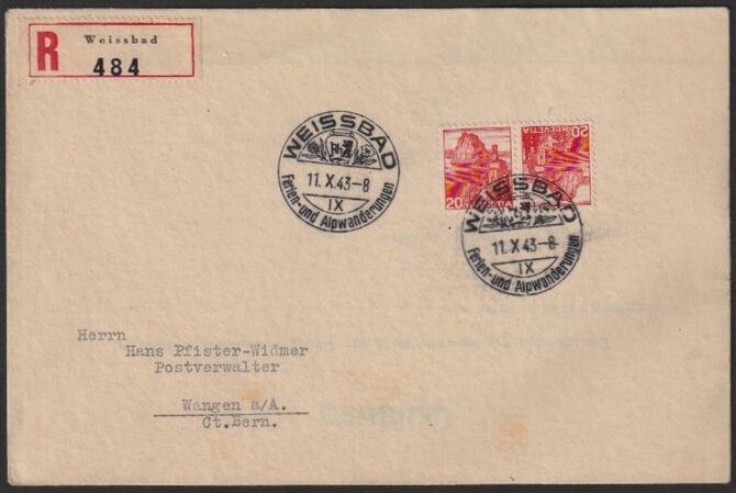 Switzerland 1943 Registered cover bearing 20c Landscapes tete-beche pair with Weissbad cancels, stamps on , stamps on  stamps on tete-beche, stamps on  stamps on 