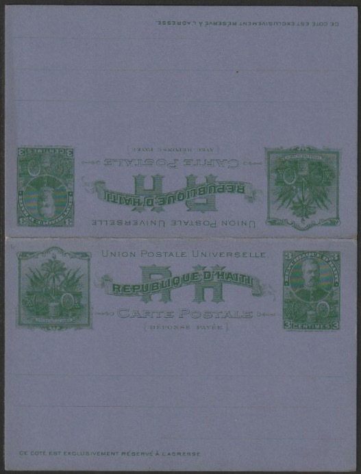 Haiti 3c+3c Reply Paid p/stationery card in tete-beche format unused and fine, stamps on , stamps on  stamps on tete-beche, stamps on  stamps on 