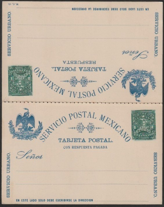 Mexico 1c+1c Reply Paid p/stationery card in tete-beche format unused and fine, stamps on , stamps on  stamps on tete-beche, stamps on  stamps on 