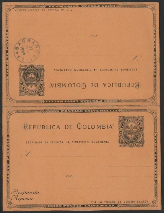 Colombia 2c+2c Reply Paid p/stationery card in tete-beche format unused and fine, stamps on tete-beche, stamps on 