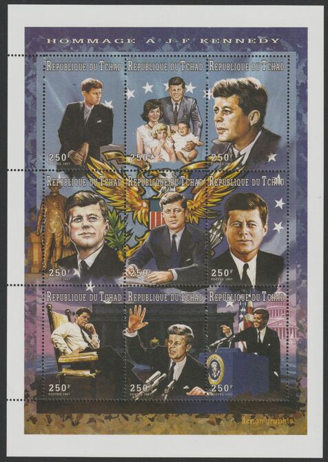 Chad 1997 Hommage to John F Kennedy perf sheet containing 9 values unmounted mint , stamps on kennedy, stamps on usa presidents, stamps on americana