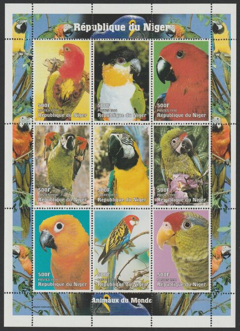 Niger Republic 1998 Animals of the World - Parrots perf sheetlet containing 9 values unmounted mint , stamps on birds, stamps on parrots
