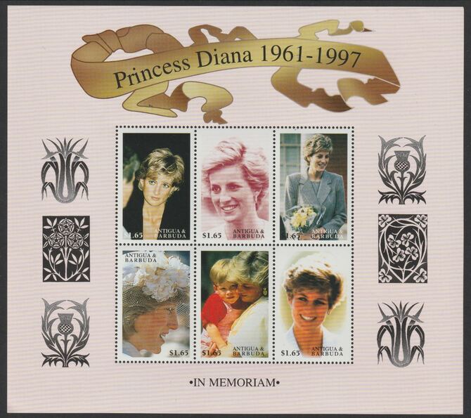 Antigua 1998 Princess Diana In Memoriam perf sheetlet containing 6 values unmounted mint  SG MS2585b, stamps on , stamps on  stamps on royalty, stamps on  stamps on diana