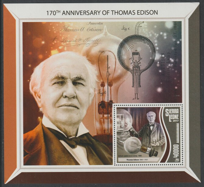 Sierra Leone 2017 Thomas Edison 170th Birth Anniv large perf deluxe sheet containing one value unmounted mint, stamps on edison, stamps on science, stamps on inventor