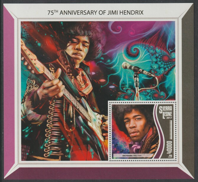 Sierra Leone 2017 Jimi Hendrix 75th Birth Anniv large perf deluxe sheet containing one value unmounted mintint, stamps on music, stamps on pops, stamps on hendrix