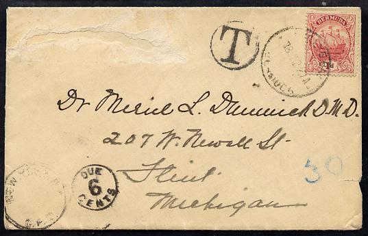 Bermuda 1927 underpaid cover to USA bearing Caravelle 1d with T in circle & 6 Cents Due marks, stamps on , stamps on  kg5 , stamps on 