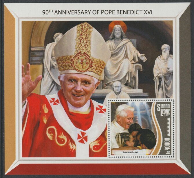 Sierra Leone 2017 Pope Benedict XVI  90th Birth Anniv large perf deluxe sheet containing one value unmounted mint, stamps on religion, stamps on popes