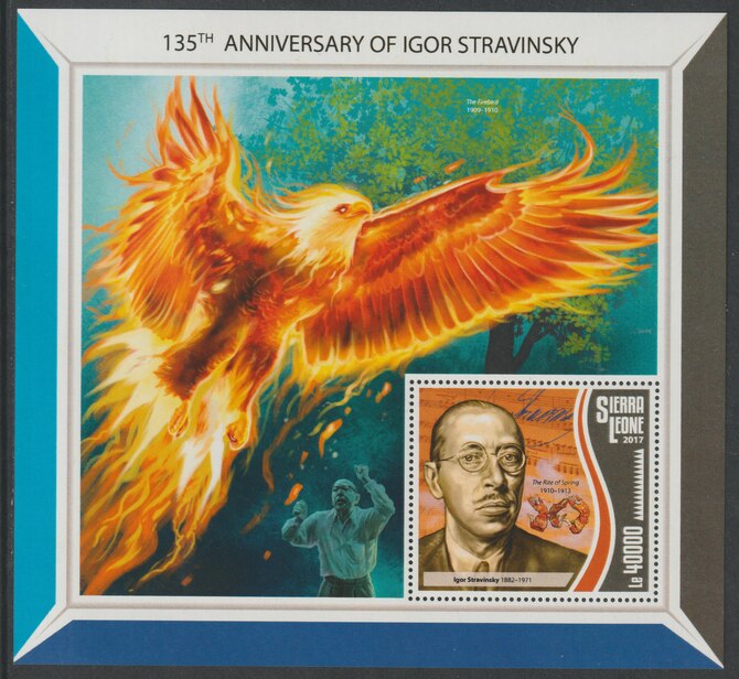 Sierra Leone 2017 Igor Stravinsky 135th Birth Anniv large perf deluxe sheet containing one value unmounted mint, stamps on music, stamps on composers, stamps on stravinsky