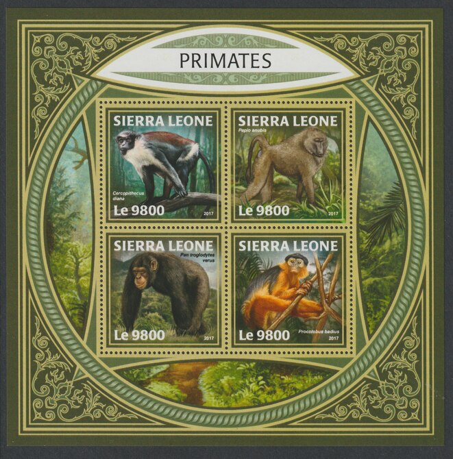 Sierra Leone 2017 Primates perf sheetlet containing 4 values unmounted mint, stamps on animals, stamps on primates, stamps on apes