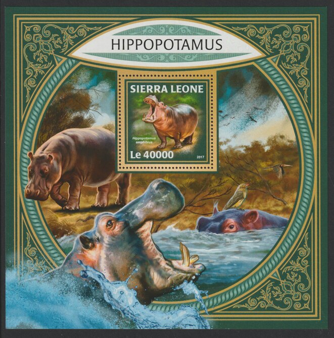 Sierra Leone 2017 Hippopotamus large perf deluxe sheet containing one value unmounted mint, stamps on animals, stamps on hippos
