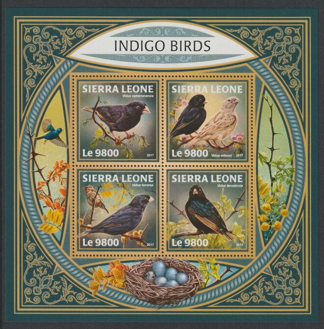 Sierra Leone 2017 Indigo Birds perf sheetlet containing 4 values unmounted mint, stamps on birds