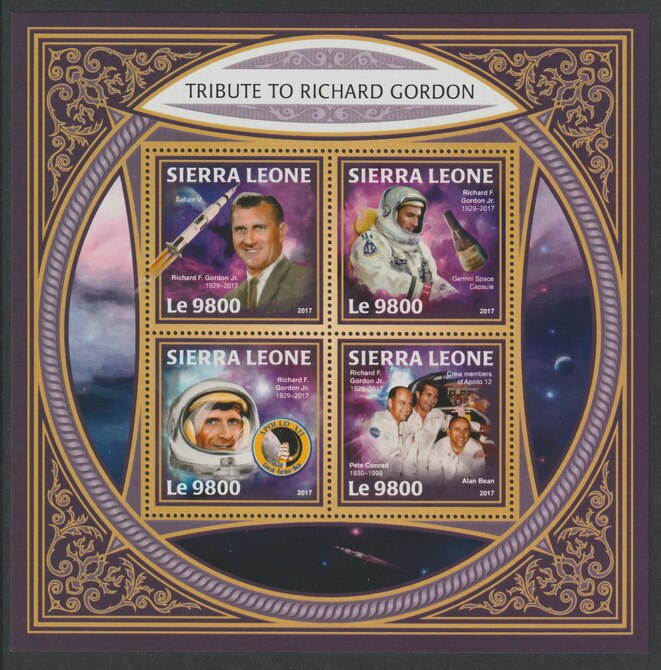 Sierra Leone 2017 Tribute to Richard Gordon perf sheetlet containing 4 values unmounted mint, stamps on space, stamps on nasa