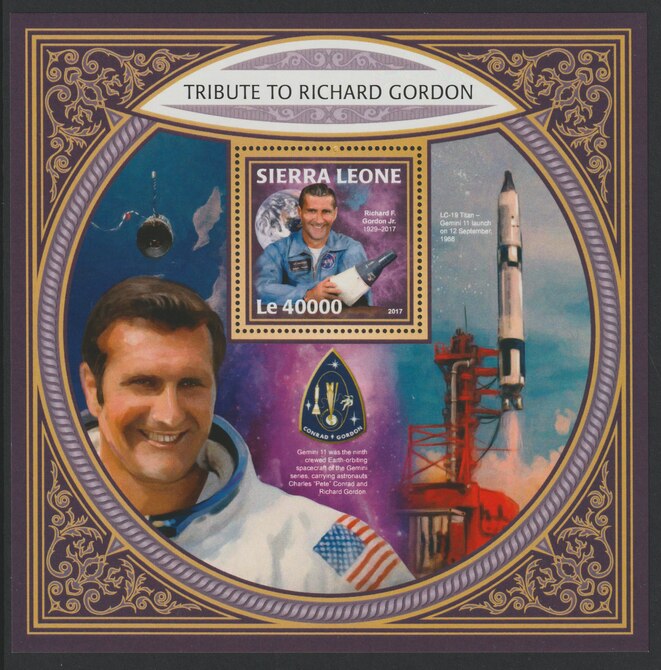 Sierra Leone 2017 Tribute to Richard Gordon large perf deluxe sheet containing one value unmounted mint, stamps on space, stamps on nasa
