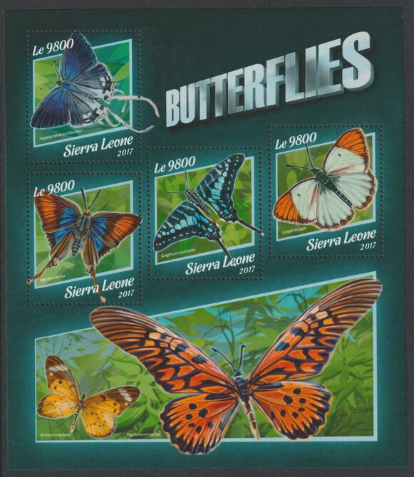 Sierra Leone 2017 Butterflies #3 perf sheetlet containing 4 values unmounted mint, stamps on butterflies