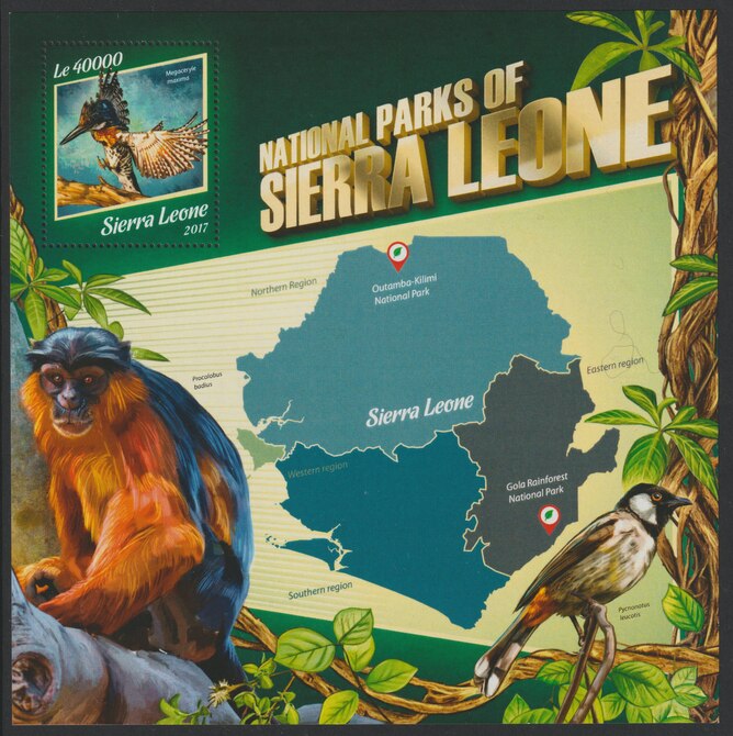 Sierra Leone 2017 National Parks of Sierra Leone large perf deluxe sheet containing one value unmounted mint, stamps on parks, stamps on tourism, stamps on animals, stamps on birds