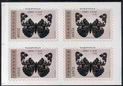 Honduras 1997 Butterflies m/sheet 20L+2L IMPERF block of 4 from uncut sheet, as SG MS1381. unmounted mint, rare thus, stamps on butterflies