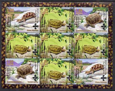 Abkhazia 1999 Turtles & Tortoises perf sheetlet containing 9 values each overprinted Boy Scout Anniversary, unmounted mint, stamps on , stamps on  stamps on animals, stamps on  stamps on reptiles, stamps on  stamps on tortoises, stamps on  stamps on turtles, stamps on  stamps on scouts